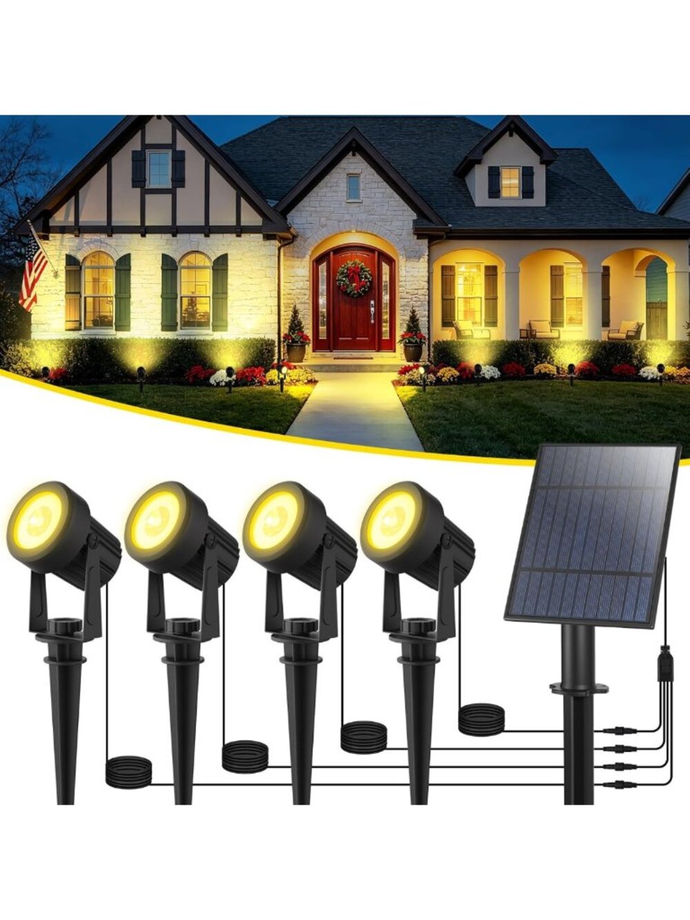 T-SUN 4-in-1 Solar Spotlights Outdoor Waterproof, Dusk to Dawn, Warm